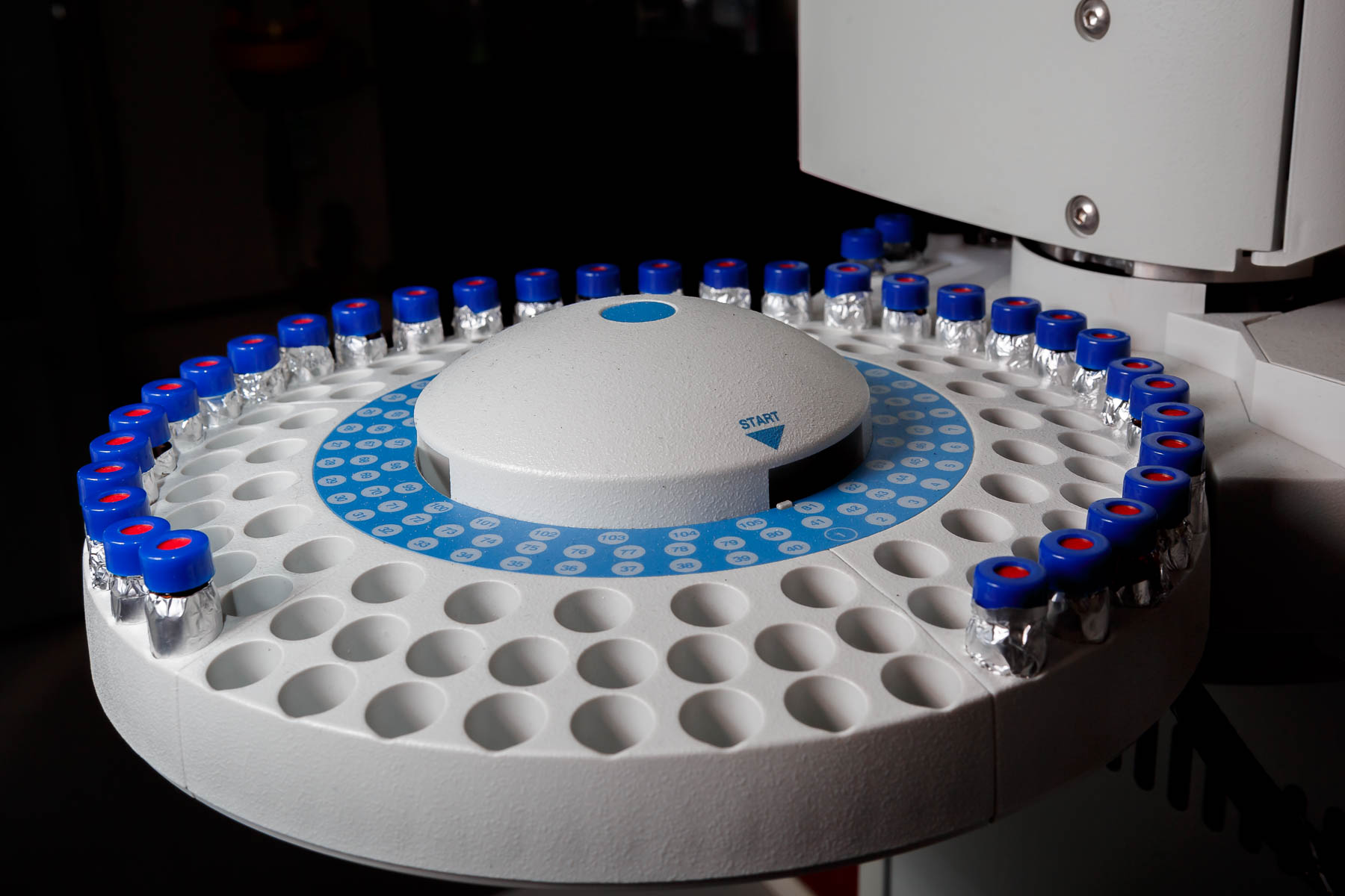 Autosampler on gas chromatograph used in biomonitoring studies to measure brominated flame retardants in serum